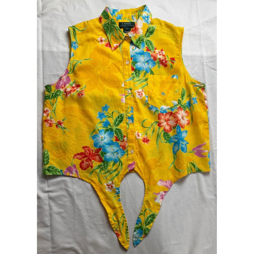Lauren Ralph Lauren Yellow Linen Tropical Floral Tie Front Sleeveless Shirt L - Picture 10 of 11